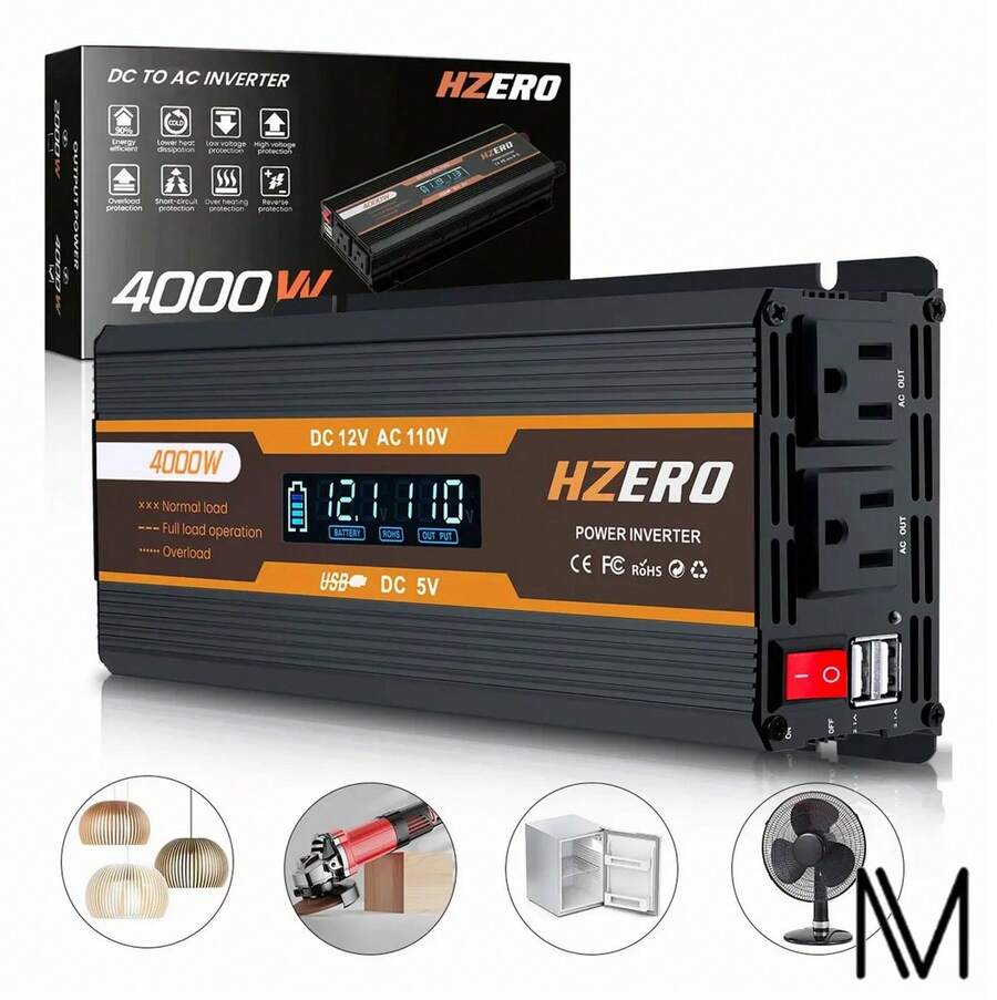 4000W Car Power Inverter With Intelligent LCD Display, 2 AC Outlets, 2 USB Ports, 12V To 110V Inverter For Power Tools And Outdoor Events, Multiple Electrical Protection - US A Type Plug(110-127V) - View 1