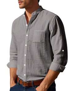 Men's Grey Linen Blend Shirt, Chinese Collar, Front Button Closure, Chest Pocket, Casual Long Sleeve, Summer Beach Top - Grey - View 5