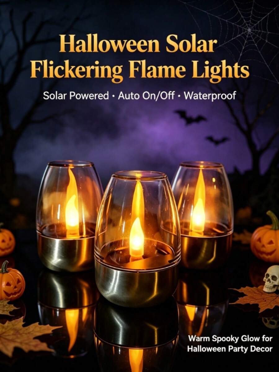 GYJAETM Solar Powered Halloween Candle Light, IP65 Waterproof Flickering Flame LED Wine Glass Lamp, Automatic On/Off Stainless Steel Decorative Light, Suitable For Yard, Garden, Dining Table And Haunted House Halloween Party Decoration - Candle Style - View 1