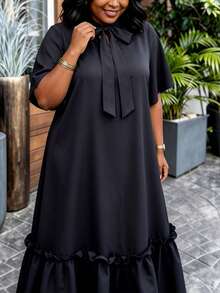 AOMEI Women Plus Size Black Loose Long Dress, Bow Collar With Ruffle Hem, African Minimalist Solid Color, Casual Church Style - Black - View 7