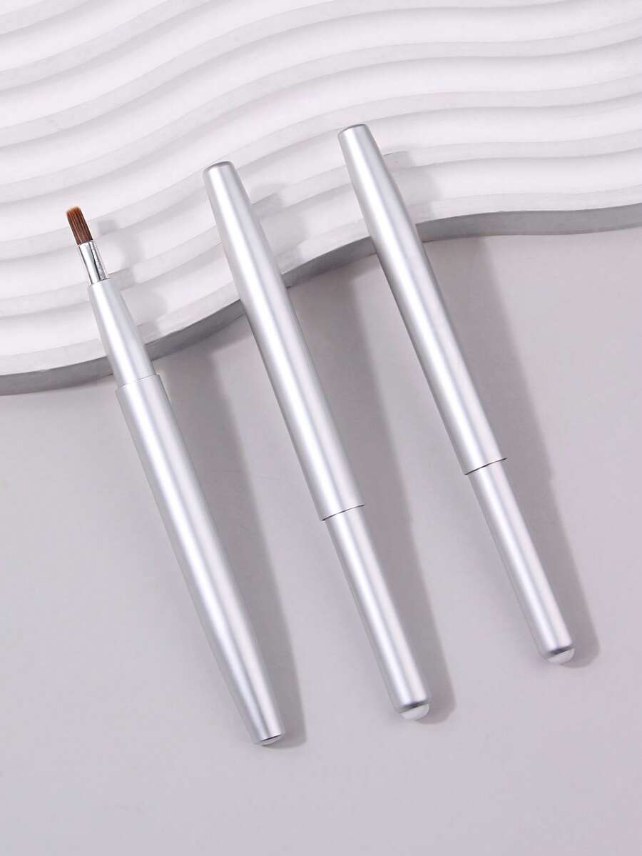 3PCS Retractable Lip Brush Set, Matte Silver Aluminum,Telescopic Design,For Precise Lip Lining&Gloss Blending,Pocket-Friendly For On-The-Go Lip Makeup Touch-Ups