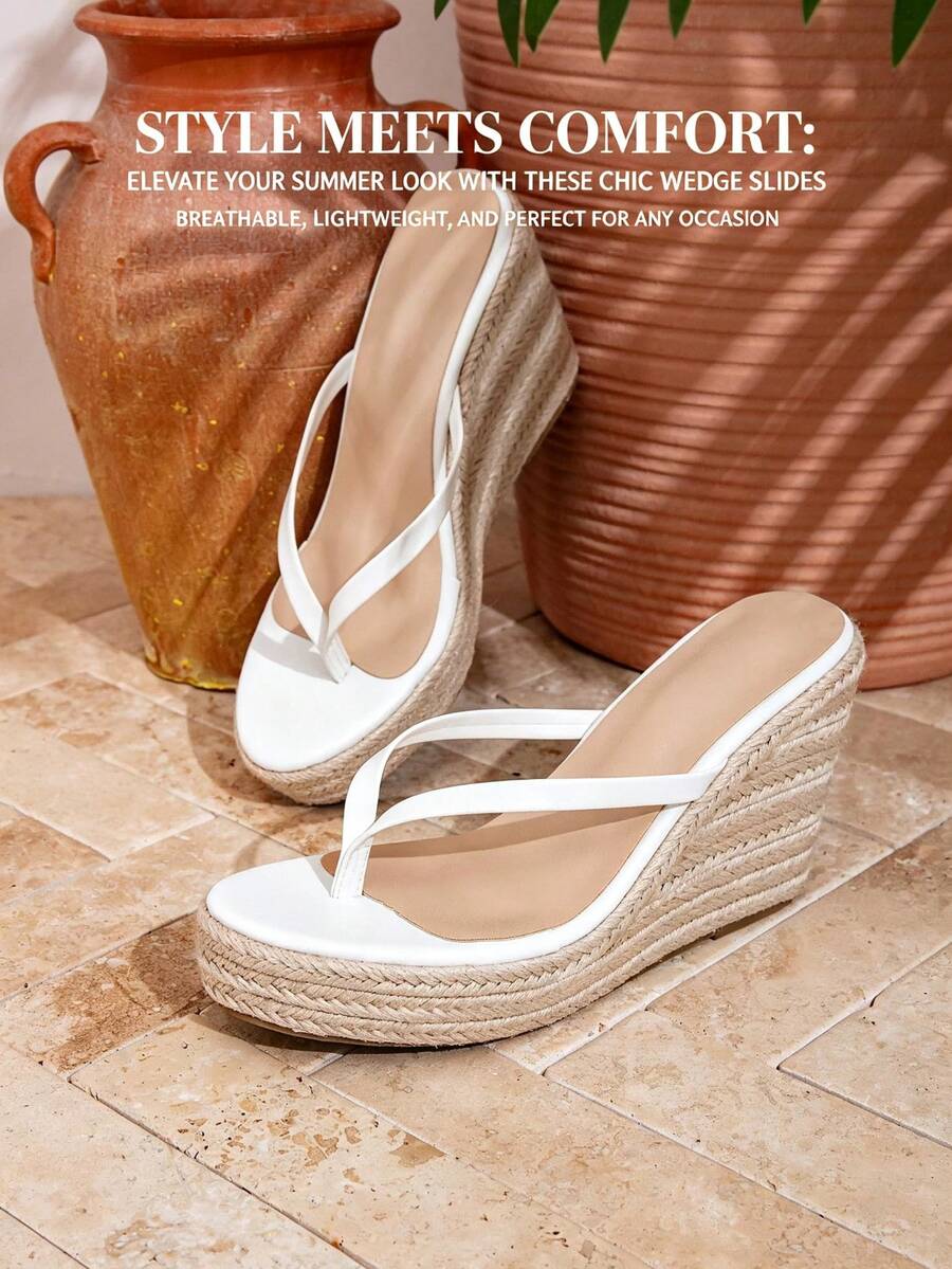 Infradito da donna con zeppa in corda di canapa da 10 cm, nuovo stile estivo, sandali con tacco basso versatili, casual, super comodi da indossare, camminata facile senza affaticamento dei piedi, alla moda e versatili - Bianco - Visualizzare 1