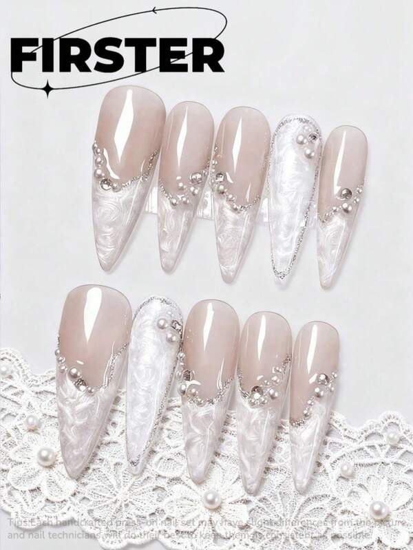 10Pcs Handmade Manicure, Almond Long Tip French Pearl Diamond Manicure, Fantasy High-End Fake Nails, Creative Patterns, Cartoon Sweet, Cool, Unique And Cute High-End Cartoon Manicure Press On Nails Nail Supplies Nails Handmade Press On Nails