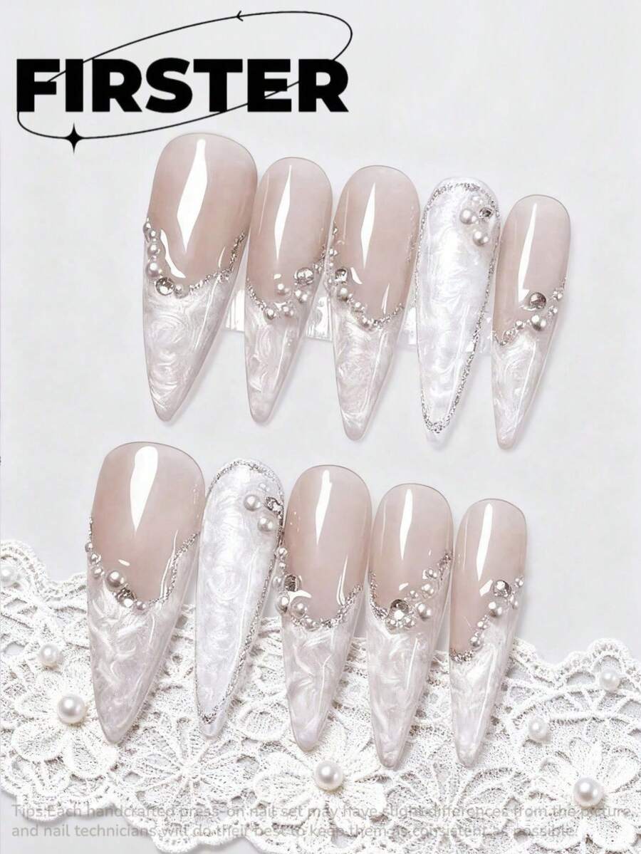 10片手工美甲贴片，杏仁长尖法式珍珠钻石美甲，梦幻高端假指甲，创意图案，卡通甜美、酷炫、独特可爱高端卡通美甲贴片，美甲用品，手工美甲贴片