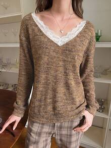 Autumn Business Casual Long Sleeve Knit Top, Brown Floral Grey Lace V-Neck Waffle Knit Loose Soft Knit Shirt, Daily Layering Basic Fall - Mocha Brown - View 4