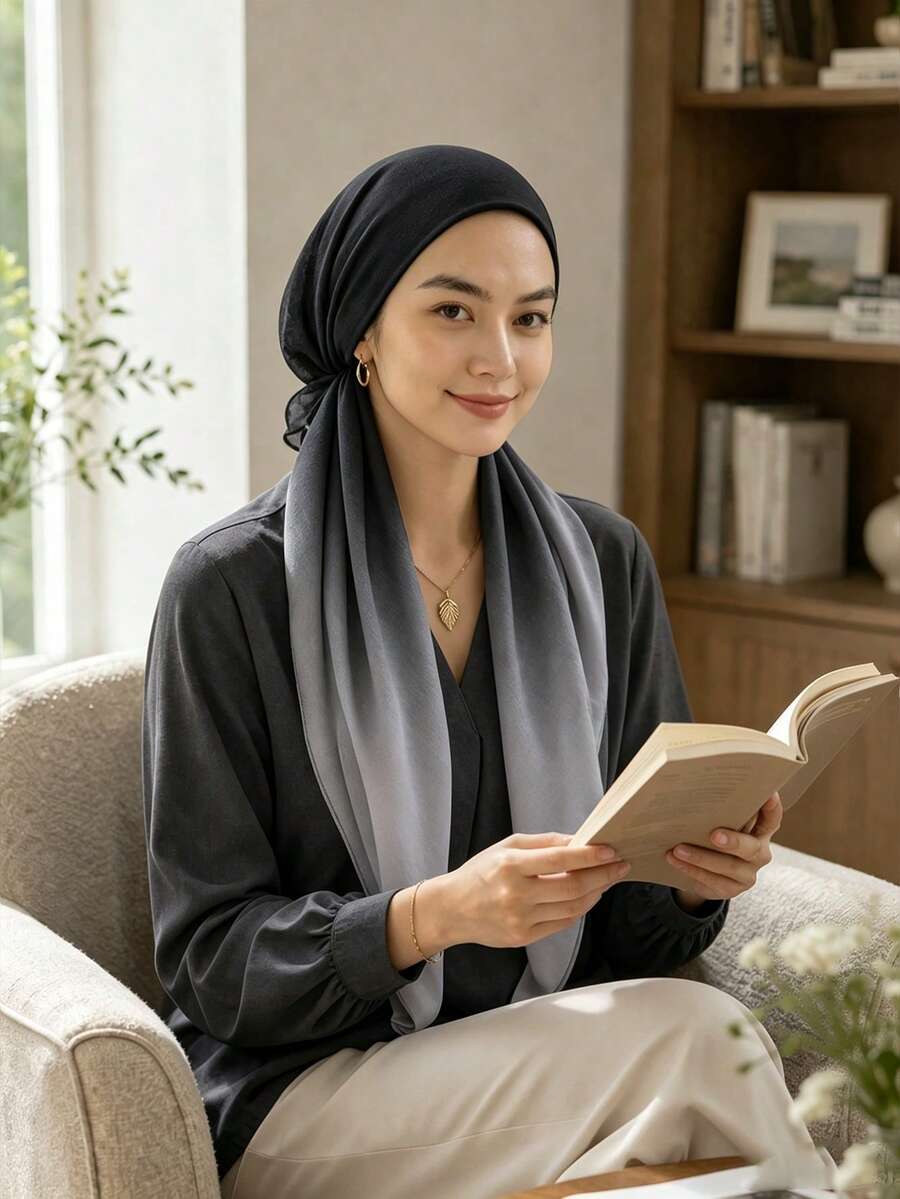 1件裝女款漸層三角頭巾,大尺寸漸層印花易穿戴頭巾,彈性設計即時式頭巾圍巾,時尚百搭、方便柔軟、舒適透氣,適合日常穿著與四季祈禱頭巾希賈布 - 灰黑色漸變 - 查看 1