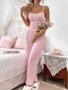 Sweet & Cute Women's Pajama Set, Backless Bow Camisole + Long Pants, Ribbed Knit Elastic Soft Pink Eye-Catching Campus Style Sleepwear, Sexy Lingerie Outwear - Pink - View 4