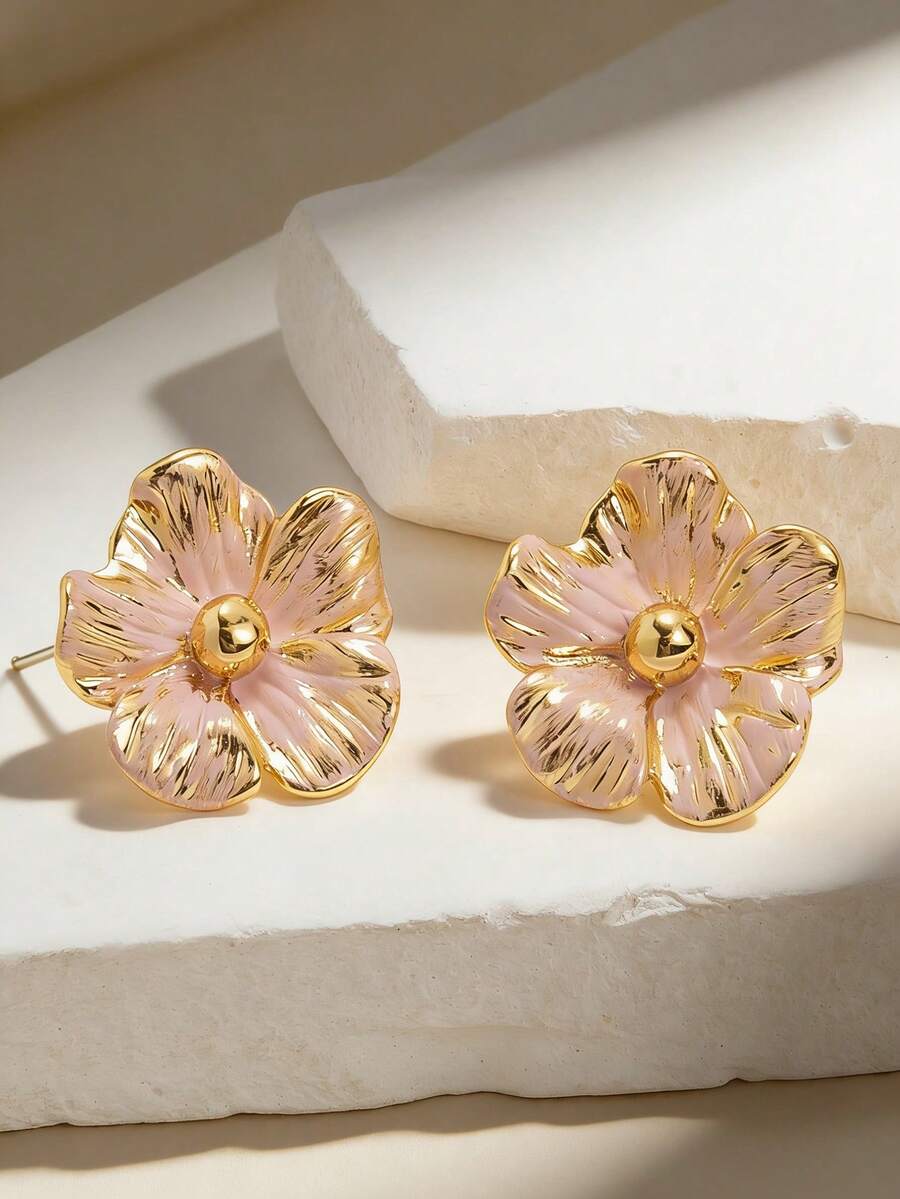 1 Pair Fashionable High-End Elegant Sweet Minimalist Versatile Pink Colorful Oil-Drip Enamel Five-Petal Flower Petal Women's Dopamine Stud Earrings Suitable For Daily Wear, Vacation, Friend Gift - Pink - View 1