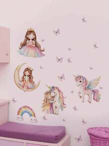 1pc Rainbow Moon Crown Girl Unicorn Butterfly Wall Decor Sticker, Removable Wall Decal For Bedroom, Living Room, Kids Room - 1PC - View 4