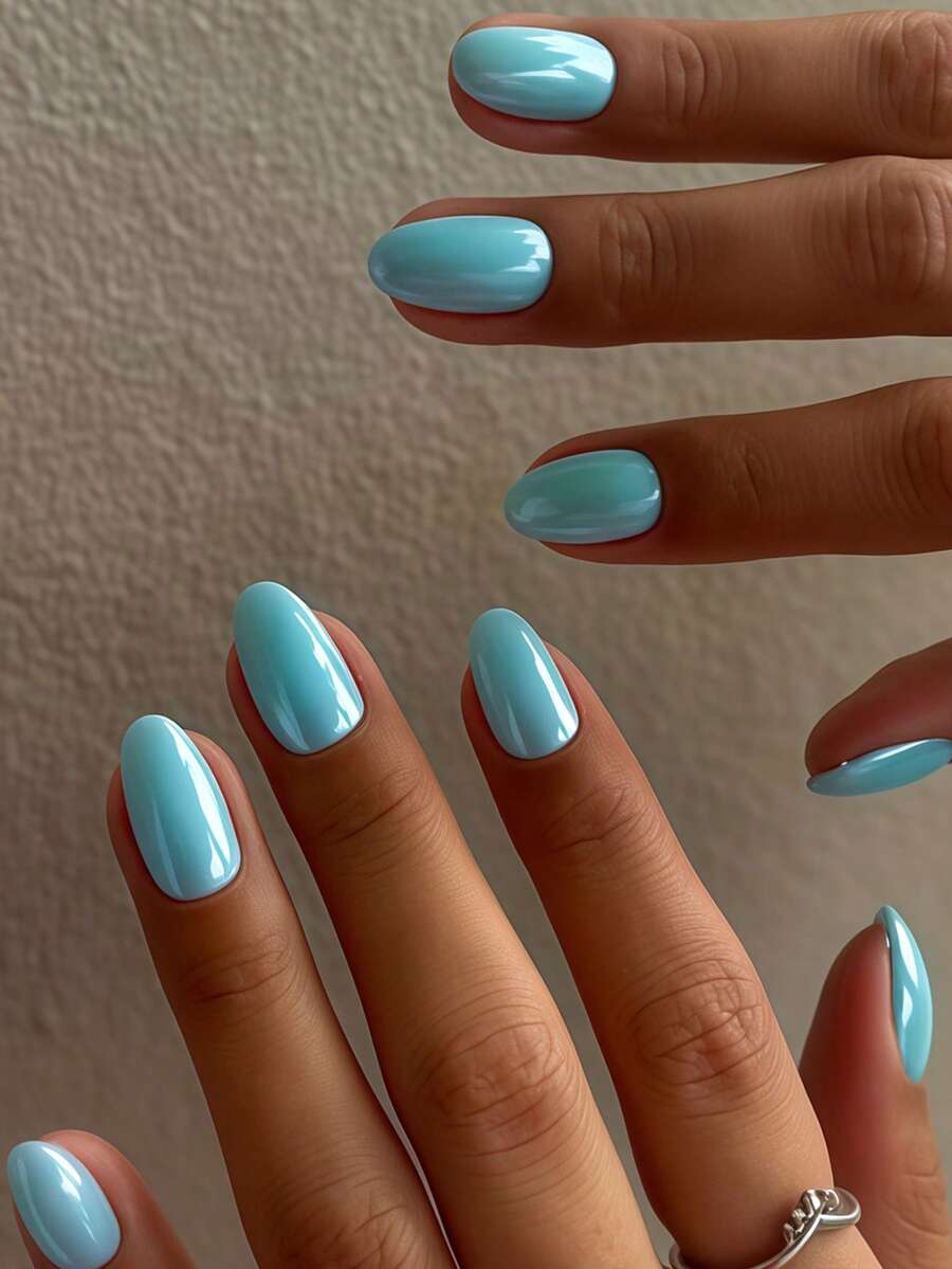 24pcs Oval Shape Press-On Nails, Fresh Fashion Blue-Green Pearlescent Design, Minimalist Elegant Teal Pearl Luster Short Nails, Includes 1 Sheet Jelly Glue And 1 Nail File (Jelly Glue Randomly Shipped), Suitable For Women And Girls For Daily, Dating, Party And Other Occasions - Cadet Blue - View 1