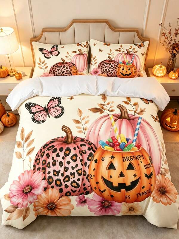 3Pcs Romantic Pink Floral Butterfly Print Bedding Set Duvet Cover ,Pillow Cover Pattern Is Random ,Duvet Cover Set (1 Duvet Cover + 2 Pillowcase Without Pillow Insert), Bedding Set, Soft Warm And Cozy Bedding Set For Bedroom, Guest Room,