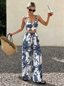 Conjunto de dos piezas para mujer con estampado tropical boho, top corto de tirantes y pantalones de pierna ancha, perfecto para el verano - Azul - Ver 3