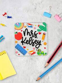 Posavasos cuadrados de acrílico personalizables, impresos con patrones de papelería escolar, adecuados para escritorios de oficina y hogar, ideales para el Día del Maestro, la temporada de regreso a clases, el cumpleaños del maestro y para expresar gratitud - Multicolor - Ver 4