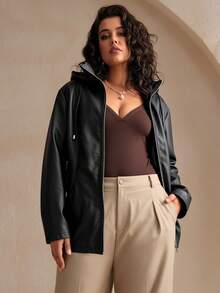 Plus Size Women's Hooded Pocket Jacket, Loose Fit, Suitable For Outdoor Activities - Black - View 6
