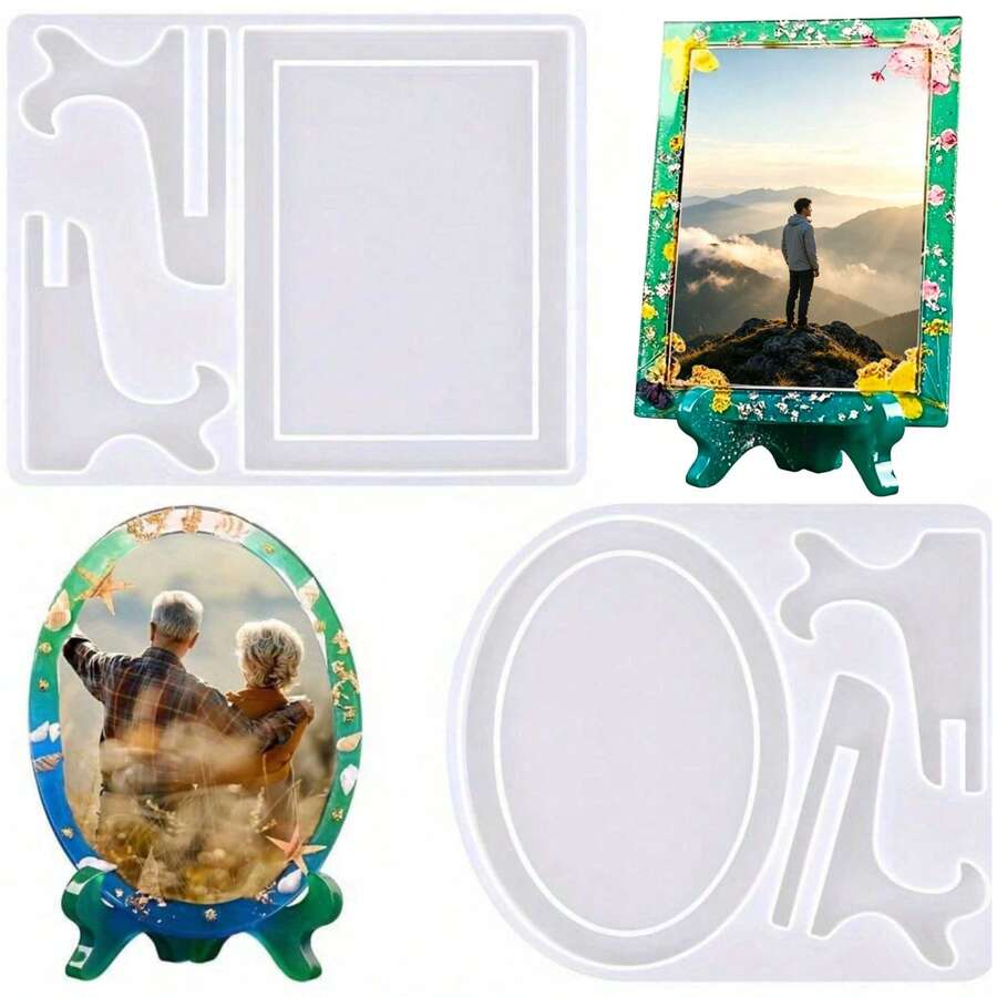 Set de 2 piezas (1 rectangular + 1 ovalada), Molde de resina para hacer marcos de fotos DIY, molde para marco rectangular y ovalado con soporte de base, molde de silicona para hacer regalos DIY para bodas, San Valentín, aniversarios, decoración del hogar, regalos para familiares y amigos, regalos de vacaciones y cumpleaños