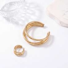 2pcs/Set Fashion Triple-Line Tubular Polished Metal Open Bangle & Ring Jewelry Set, Suitable For Women's Daily Wear And Party Use - Gold - View 4