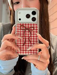 1pc Silver Electroplated Large Window Phone Case Red & White Plaid Brown Ribbon Bow Star Print Suitable For IPhone All Models Vintage Preppy Sweet Girl Style Ins Full Coverage Anti-Drop Phone Protective Shell - Silver - View 5