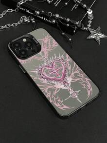 1pc Pink Thorn Heart Cross Skull Wing Pattern IMD Gradient Matte Laser Raised Lens Frame Anti-Drop Full Coverage Hard Shell Phone Case Without Lanyard Compatible With All Apple Models, Y2K Dark Gothic Sweet Cool Niche Hot Girl Ins Style Phone Protective Cover - Silver - View 3