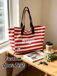 Customized Text Large Capacity Striped Beach Tote Bag & Cosmetic Bag Set - Personalized Canvas Shoulder Bag. Travel Bag Friendly Shopping Bag. - Multicolor - View 1