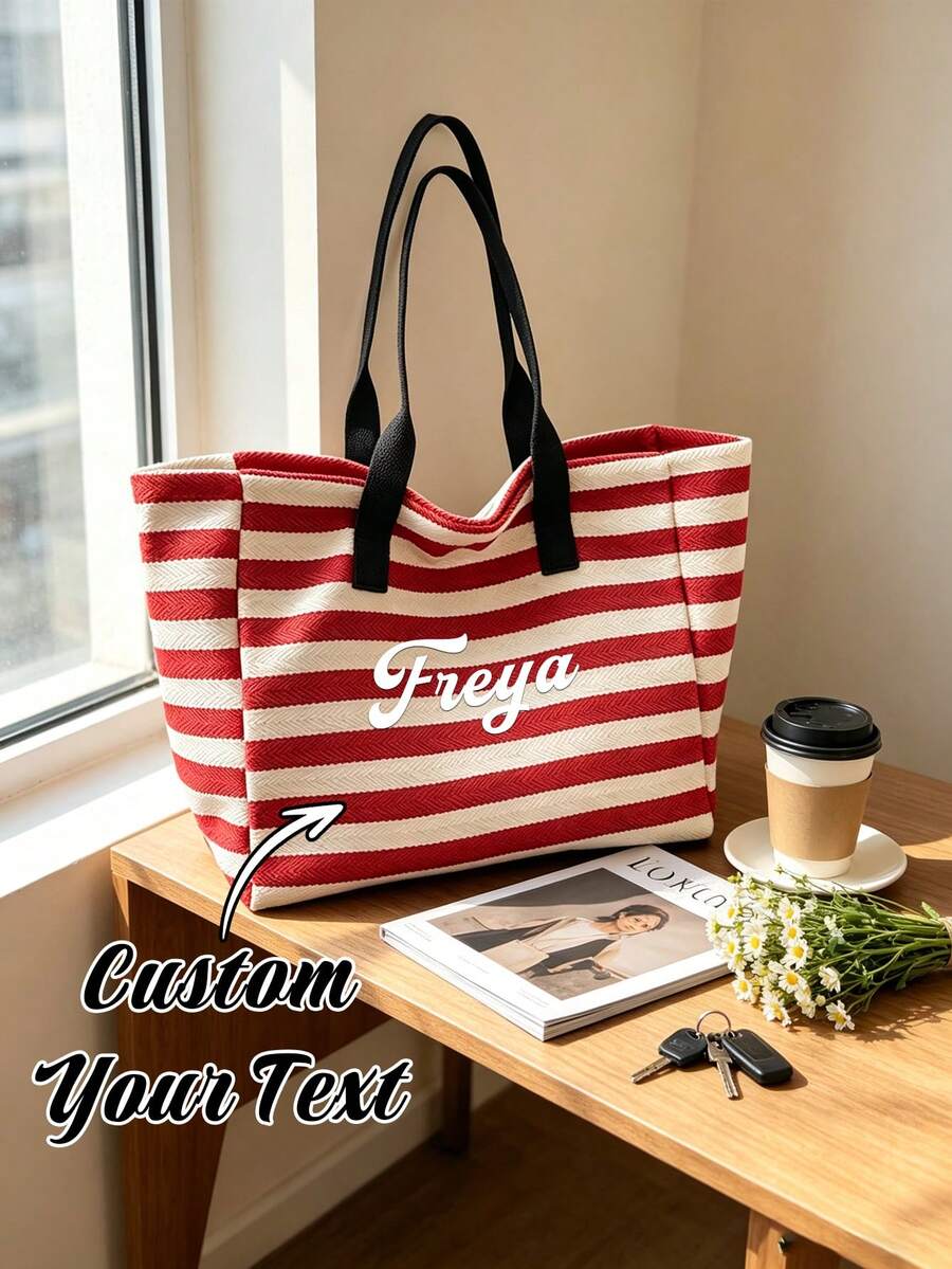 Customized Text Large Capacity Striped Beach Tote Bag & Cosmetic Bag Set - Personalized Canvas Shoulder Bag. Travel Bag Friendly Shopping Bag. - Multicolor - View 1