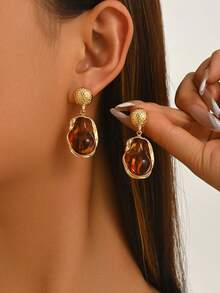 1 Pair Vintage Amber-Colored Faux Baroque Hammered Metal Earrings, Niche High-End Elegant Dangle Earrings For Women, Versatile For Daily Wear, Party And Date - Multicolor - View 2