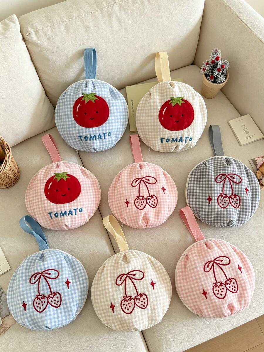 Cute Embroidered Underwear Storage Bag, Portable Round Travel Organizer Bag For Bras, Socks, Strawberry Pattern, Toiletries And Cosmetics Storage Bag With Handle - Multicolor - View 1