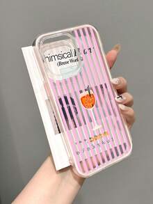 1pc Fresh Striped Orange Slice Wine Glass Slogan Pattern Colorblock 3-In-1 Pink Soft Phone Case Compatible With IPhone 11/12/13/14/15/16 Pro Max - Multicolor - View 2
