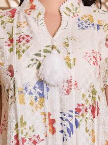 Heavy Print Arabic Women's 2026 New Summer Beige Elegant Dress, JALABIYA Small Stand Collar With V-Neckline, Summer Casual Travel Outfit - Beige - View 7