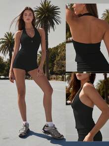 Sodalemon Women's Halter Neck Ruched Bust Fitness Tank Top, Hollow Back Sleeveless Sports Vest For Gym Training, Yoga, Running - Black - View 8