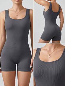 Women's Ribbed Fitness Romper Gym Workout Bodysuit - 玫紅色 - 查看 6
