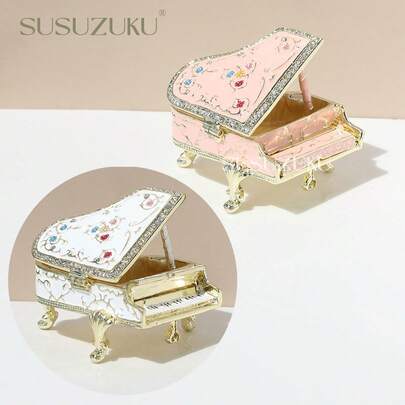 SUSUZUKU قطعة واحدة من ديكور البيانو المعدني المطلي بالمينا مع الماس، هدية ترويجية صغيرة، ديكور منزلي فاخر إبداعي على المكتب، ديكور بيانو منزلي، صندوق أقراط وخواتم