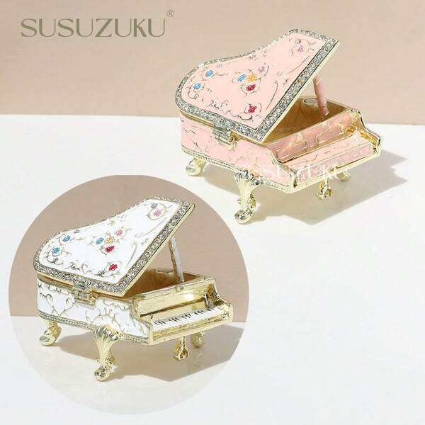 SUSUZUKU قطعة واحدة من ديكور البيانو المعدني المطلي بالمينا مع الماس، هدية ترويجية صغيرة، ديكور منزلي فاخر إبداعي على المكتب، ديكور بيانو منزلي، صندوق أقراط وخواتم