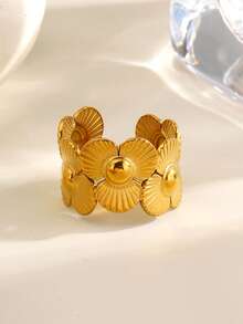 1/2pcs Stainless Steel 18K Gold Plated Minimalist Flower Ring, Suitable For Women's Daily And Party Wear - Multicolor - View 5