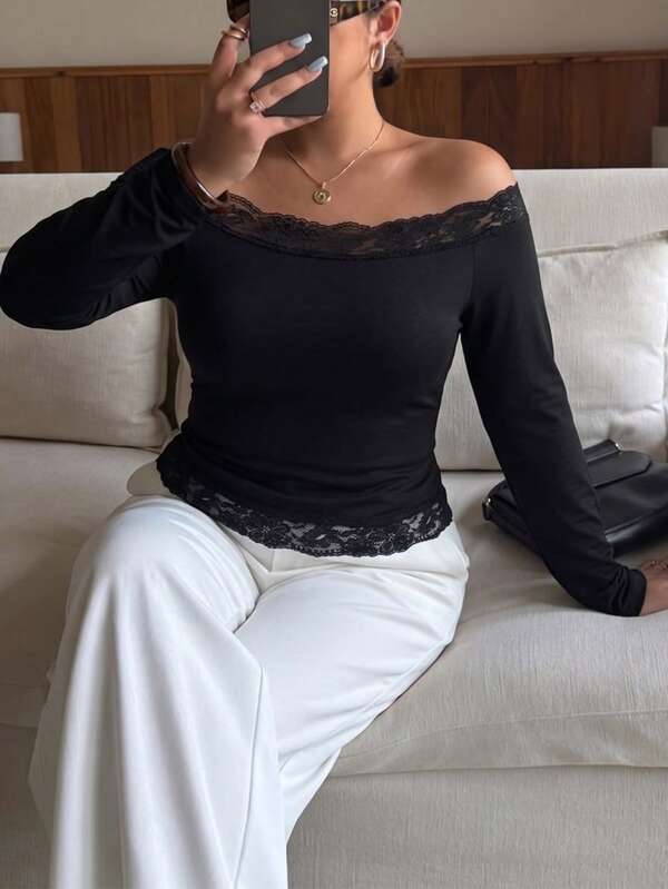 Women's Plus Size Black Open Shoulder Long Sleeve Lace Trim Cropped Top, Slim Fit For Party And Travel