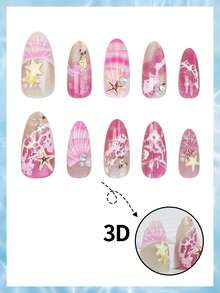 10 Peças Unhas Postiças Médias em Formato de Amêndoa, Unhas de Verão com Textura 3D de Concha e Decoração de Estrela de Pérola Branca, Unhas Francesas de Cobertura Total, Unhas Falsas, Adequadas para Uso Diário de Mulheres e Meninas. - Rosa Bebê - Visão 3