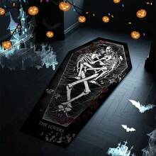 1pc Black 2-Skull Rose Holiday Horror Rug, Black Background Holiday Pattern Atmosphere Decorative Carpet, Living Room Area Rug, Home Decor, Room Decoration, Washable Carpet - Multicolor - View 3