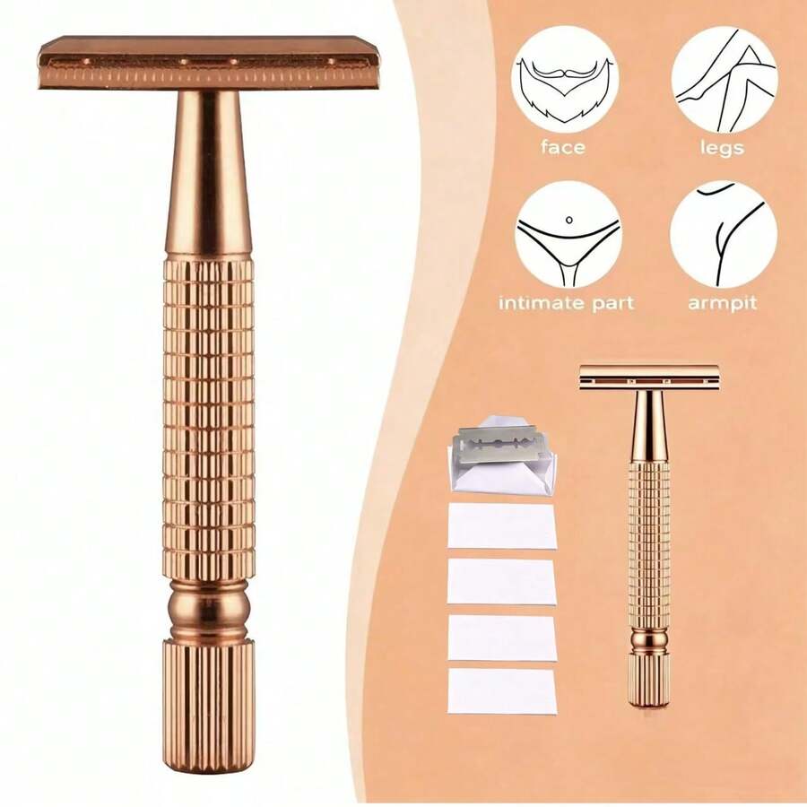 Dao cạo hai lưỡi màu vàng hồng 7/6/1 cái/bộ, unisex, tái sử dụng được, phù hợp dùng tại nhà và khi đi du lịch - Vàng hồng - Xem 1