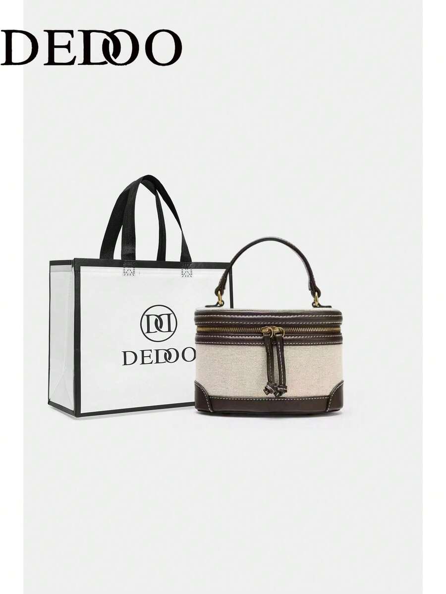 Dedoo Women's Beige Canvas Square Bag With Brown PU Leather Trim And Zipper Closure, Vintage Style, Suitable For Daily Commute, Spring/Summer Women's Model (Includes Gift Bag)