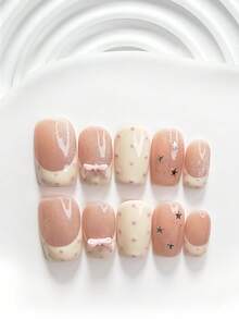 10片甜美風手工穿戴甲，Polygel美甲套組，星星、波點、貓眼、粉色蝴蝶結、粉色指甲油，休閒風，含美甲工具，3種尺寸可選，方形、短方形、杏仁形，適合派對、跳舞、日常配戴 - 彩色 - 查看 4