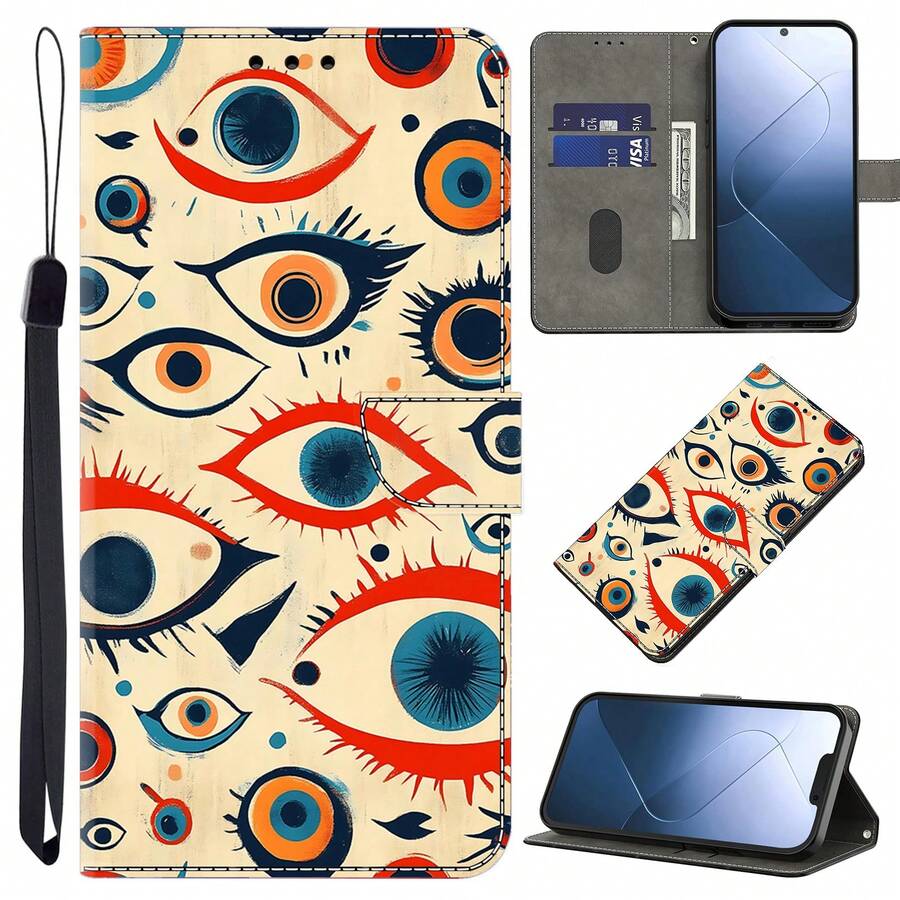 GLANDOTU Abstract Eye Design PU Leather Wallet Phone Case With Card Slot, Lanyard And Flip Cover Stand Protective Cover - Compatible With Multiple Phone Brands And Models - Multicolor - View 1