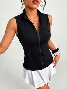 女款春夏拉鍊無袖運動上衣，立領修身健身運動服，附口袋，瑜伽跑步上衣 - 黑色 - 查看 1
