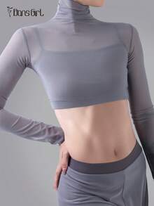 DonsGirl 女款高領短版上衣與超柔軟彈性網布寬腿褲套裝，2件組，適合現代芭蕾、空中瑜伽與日常運動穿著，秋季款 - 灰色 - 查看 7