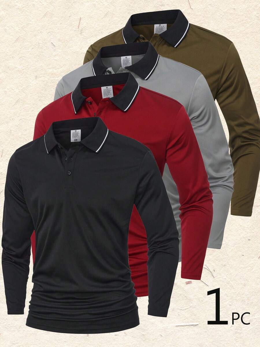 Men's Long Sleeve Polo Shirt, Solid Color, Comfortable And Non-Restrictive, Suitable For Running, Basketball, Soccer And Fitness Workouts
