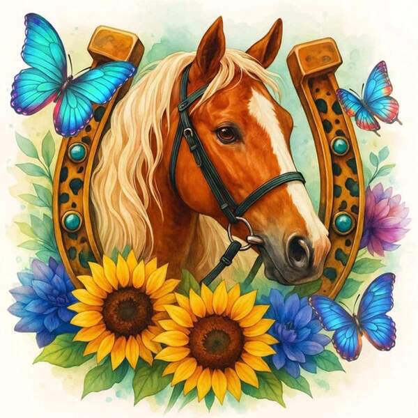 1PC | 5D DIY Diamond Painting | Horse, Sunflower And Butterfly Pattern Diamond Painting Kit, Round Full Drill Mosaic Craft Set, High Definition Art Diamond Painting, Focus And Relax Through DIY, Suitable For Living Room, Bedroom, Office Wall Decoration, Surprise Holiday Home Decor Gift For Family And Friends, Unframed