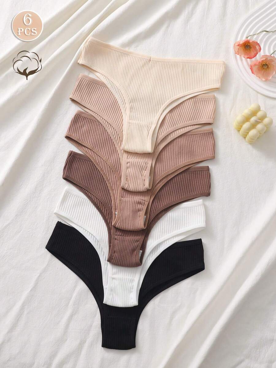 6pcs/Pack Women's Ribbed Fabric Sports Style Soft Cotton Brazilian Panties, Comfortable Fit - Multicolor - View 1
