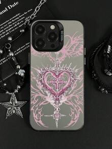 1pc Pink Thorn Heart Cross Skull Wing Pattern IMD Gradient Matte Laser Raised Lens Frame Anti-Drop Full Coverage Hard Shell Phone Case Without Lanyard Compatible With All Apple Models, Y2K Dark Gothic Sweet Cool Niche Hot Girl Ins Style Phone Protective Cover - Silver - View 1