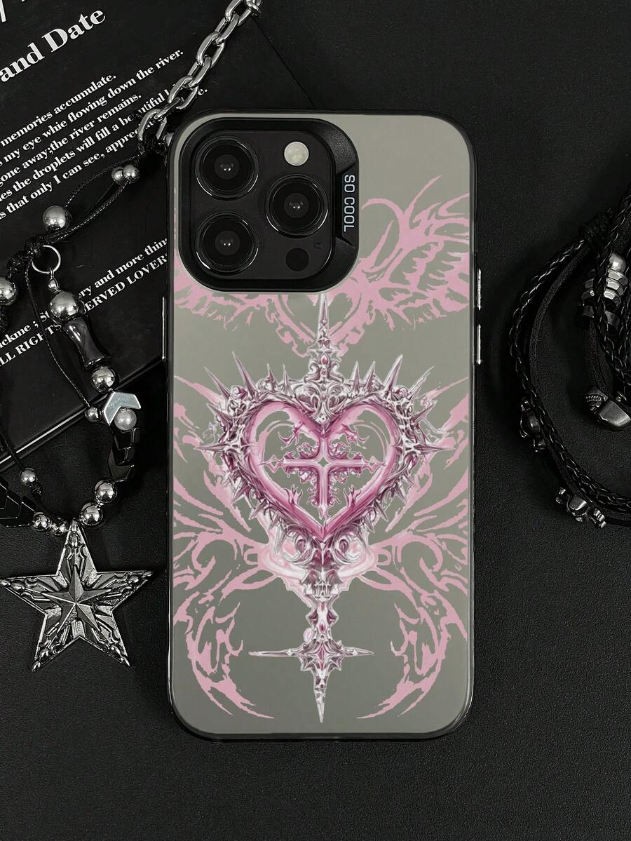 1pc Pink Thorn Heart Cross Skull Wing Pattern IMD Gradient Matte Laser Raised Lens Frame Anti-Drop Full Coverage Hard Shell Phone Case Without Lanyard Compatible With All Apple Models, Y2K Dark Gothic Sweet Cool Niche Hot Girl Ins Style Phone Protective Cover - Silver - View 1