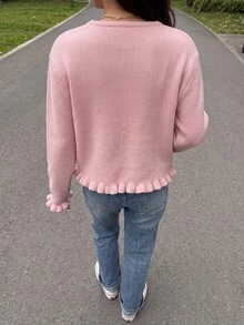 Romantic Pink Round Neck Knit Cardigan 3D Rose Fasteners Ruffle Edge Long Sleeve For Fall Holiday Brunch City Strolls - Pink - View 6