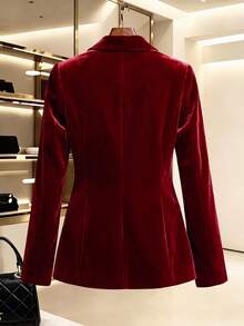 Women's Autumn/Winter Elegant Commute Holiday High-Quality Composite Velvet Fabric Single-Breasted Gold Thread Embroidered Fitted Long Sleeve Blazer - Burgundy - View 2
