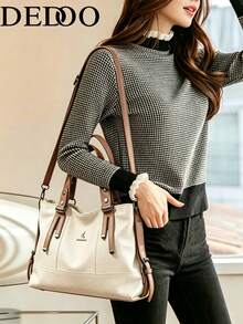 Dedoo Bolso Tote de Textura de Lichi con Bloques de Color, Gran Capacidad, Material de PU Suave, Bolso de Mano con Asa Cruzada, Adecuado para el Desplazamiento Diario y el Trabajo - Beis - Ver 3